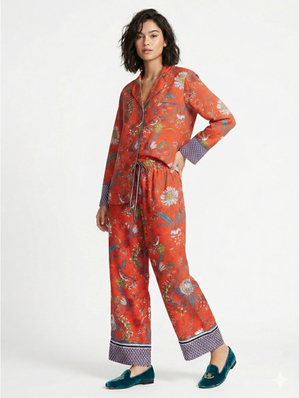 Anthropologie Victoria Garcia Pajama Set Wide Leg Floral Bird Red 1X - Picture 1 of 12